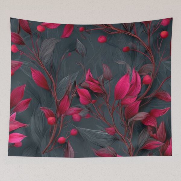 Item preview, Vibrant Magenta Leaves and Red Berries Dark Floral Pattern designed and sold by LYAN-STORE.