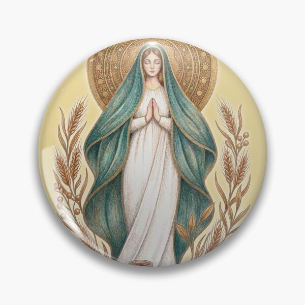 Item preview, Virgin Mary in Prayer - Queen of the Eucharist with Wheat, Bread and Wine and Golden Halo (Catholic Illustration) designed and sold by LuzyGracia.