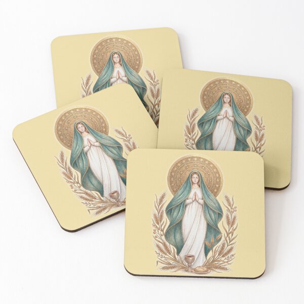 Item preview, Virgin Mary in Prayer - Queen of the Eucharist with Wheat, Bread and Wine and Golden Halo (Catholic Illustration) designed and sold by LuzyGracia.