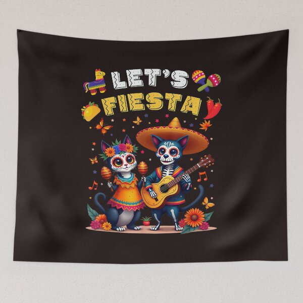 Item preview, Let's Fiesta Sugar Skull Cat Dog Day of the Dead Retro Halloween Art designed and sold by mari-kayden.