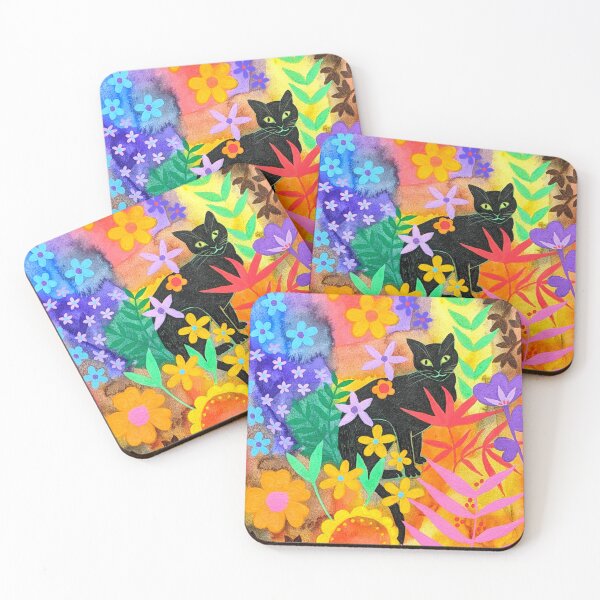 Item preview, Black Cat in the Garden, colourful botanical, designed and sold by Jess Stride.