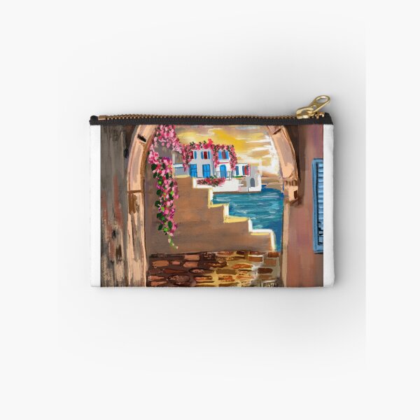 Item preview, Original watercolor of Mykonos Little Venice at sunset, viewed through a bougainvillea-draped archway. Part of my Greek Isles series. designed and sold by Cobalt & Stone Art.