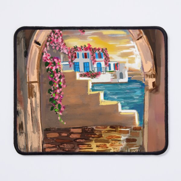 Item preview, Original watercolor of Mykonos Little Venice at sunset, viewed through a bougainvillea-draped archway. Part of my Greek Isles series. designed and sold by Cobalt & Stone Art.