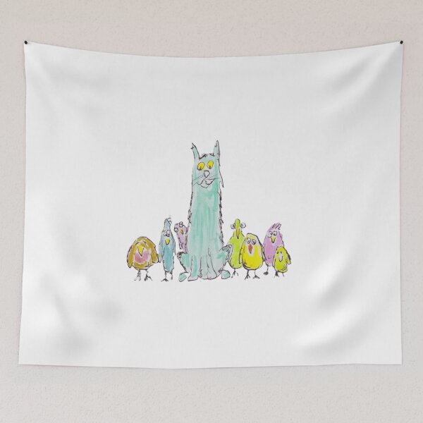 Item preview, Cat sitting with colourful birds designed and sold by Inky Fingers Illustrations.