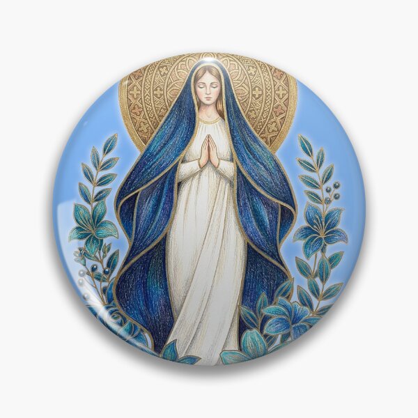 Item preview, Virgin Mary in Prayer - Queen of Peace with Blue Flowers and Golden Halo (Catholic Illustration) designed and sold by LuzyGracia.