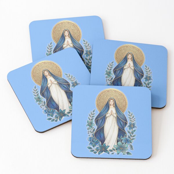 Item preview, Virgin Mary in Prayer - Queen of Peace with Blue Flowers and Golden Halo (Catholic Illustration) designed and sold by LuzyGracia.