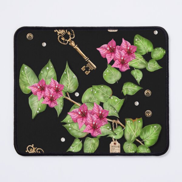 Item preview, Herbarium No. 237- Folium Viridis 1898 | Bougainvillea, Antique Gold Key & Pearls on Black designed and sold by Cobalt & Stone Art.