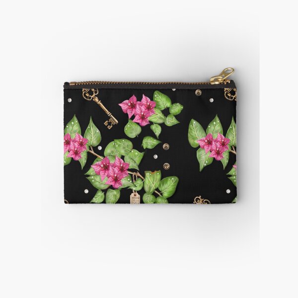 Item preview, Herbarium No. 237- Folium Viridis 1898 | Bougainvillea, Antique Gold Key & Pearls on Black designed and sold by Cobalt & Stone Art.