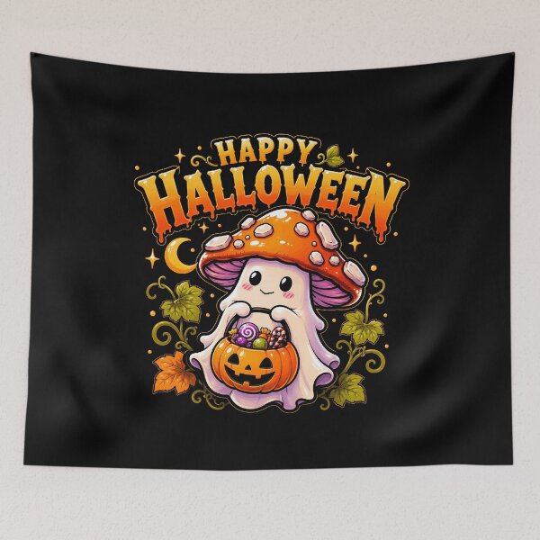 Item preview, Cute ghost mushroom with Halloween pumpkin candy designed and sold by rafaeltto.