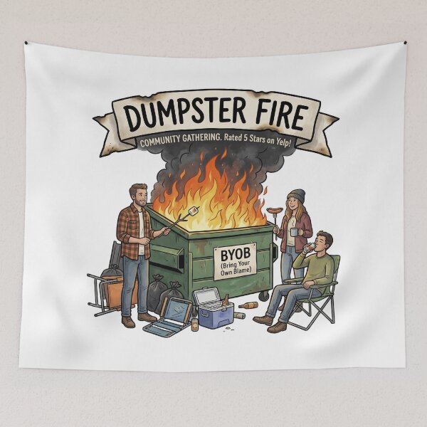 Item preview, Dumpster Fire Community Gathering Funny BYOB Bring Your Own Blame Cartoon designed and sold by LOVEARTDESIGN.