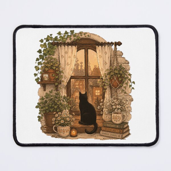 Item preview, Black Cat On Window Sill Cozy Cottagecore designed and sold by Yellowriversss.