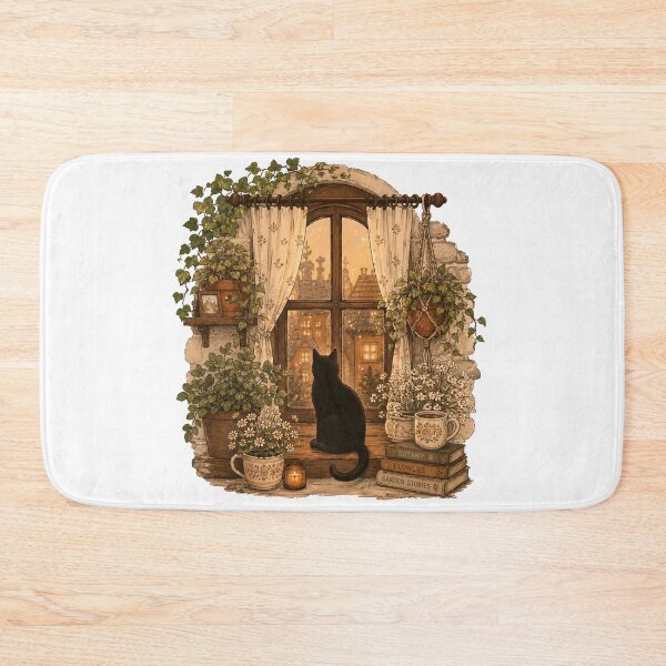 Item preview, Black Cat On Window Sill Cozy Cottagecore designed and sold by Yellowriversss.