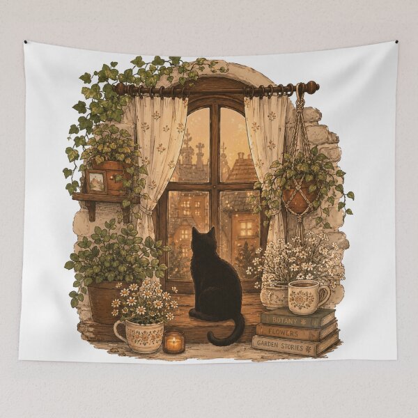 Item preview, Black Cat On Window Sill Cozy Cottagecore designed and sold by Yellowriversss.