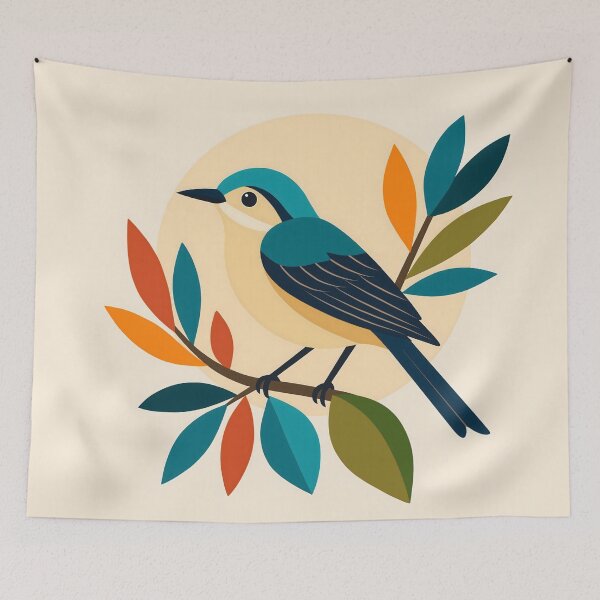 Item preview, Scandinavian Folk Art Songbird | Colorful Mid-Century Nature Illustration designed and sold by ZanyPaintbrush.