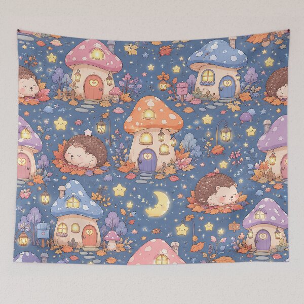 Item preview, Kawaii Pastel Autumn Mushroom Village Night Pattern designed and sold by Thai Vibe Studio.