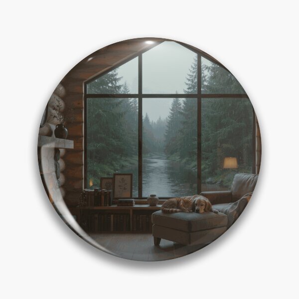 Item preview, Fireside Shelter in the Rain – Cozy Woodland Cabin Interior designed and sold by AmesTolland.