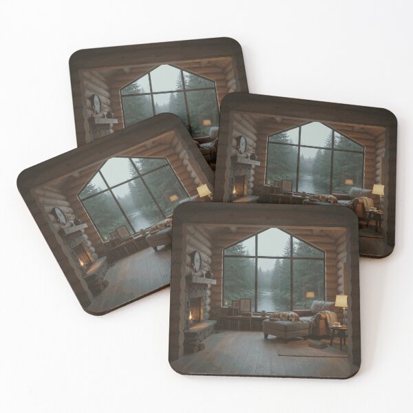 Item preview, Fireside Shelter in the Rain – Cozy Woodland Cabin Interior designed and sold by AmesTolland.