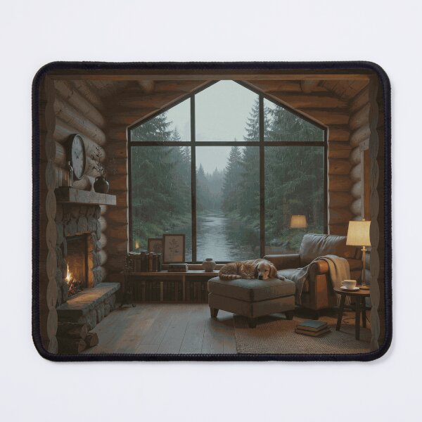 Item preview, Fireside Shelter in the Rain – Cozy Woodland Cabin Interior designed and sold by AmesTolland.