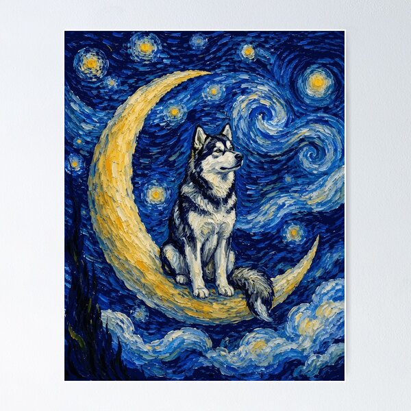 Item preview, Funny Alaskan Malamute Starry Night Painting Cute Moon Stars Mom Dad Kids designed and sold by FurryHavenPH.