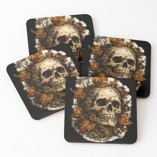 Item preview, Autumn Skull with Maple Leaves | Vintage Gothic Halloween Nature Art designed and sold by KAM-KAM-STORE.
