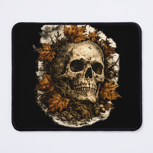 Item preview, Autumn Skull with Maple Leaves | Vintage Gothic Halloween Nature Art designed and sold by KAM-KAM-STORE.