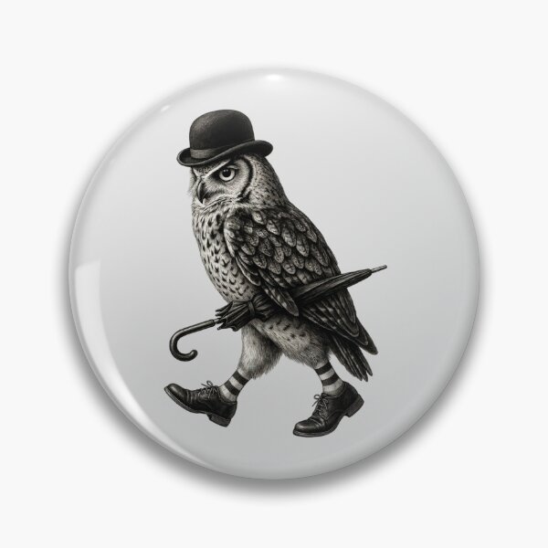 Item preview, an owl wearing a bowler hat, carrying a closed umbrella under its right wing, and walking in a pair of dress shoes and striped socks designed and sold by 123ks.