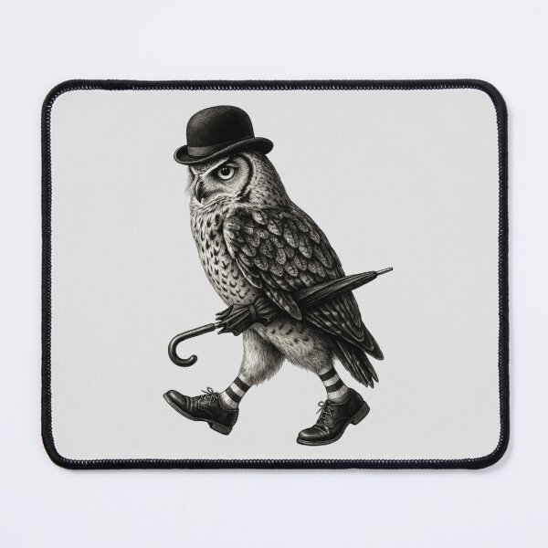 Item preview, an owl wearing a bowler hat, carrying a closed umbrella under its right wing, and walking in a pair of dress shoes and striped socks designed and sold by 123ks.
