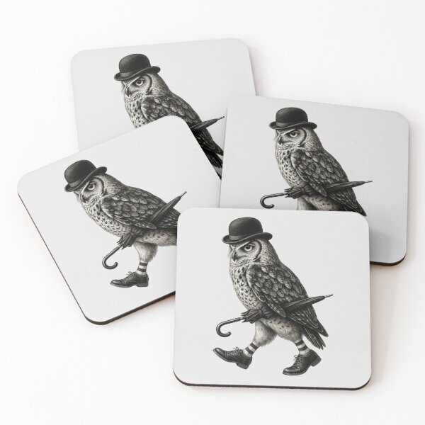 Item preview, an owl wearing a bowler hat, carrying a closed umbrella under its right wing, and walking in a pair of dress shoes and striped socks designed and sold by 123ks.