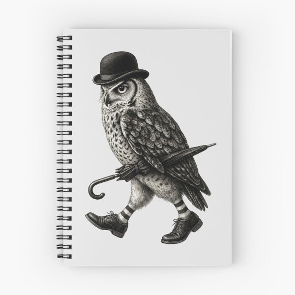Item preview, an owl wearing a bowler hat, carrying a closed umbrella under its right wing, and walking in a pair of dress shoes and striped socks designed and sold by 123ks.