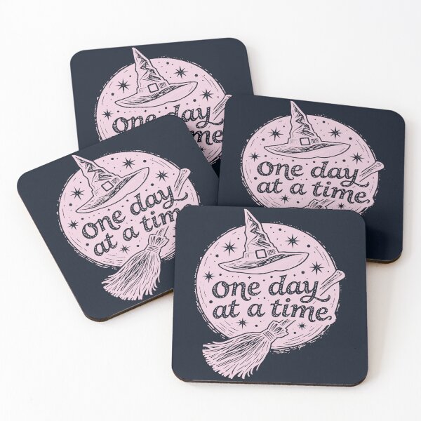 Item preview, Pink Witch One Day At A Time Quote On Dark Background Halloween Spell Broom Gothic Minimalist designed and sold by Connys Colorful World.