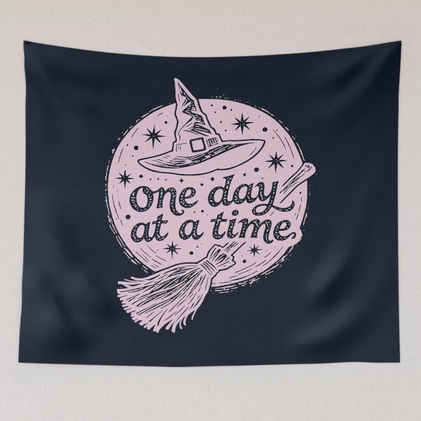 Item preview, Pink Witch One Day At A Time Quote On Dark Background Halloween Spell Broom Gothic Minimalist designed and sold by Connys Colorful World.
