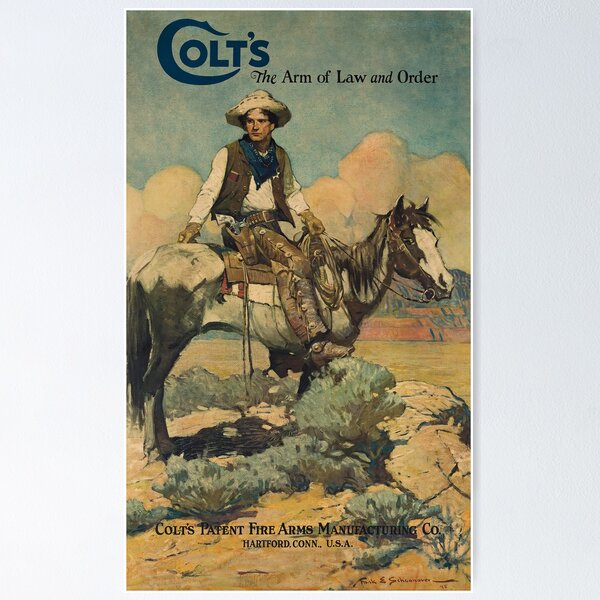 Item preview, Vintage Colt Poster Art by Frank Schoonover - Vintage Western Cowboy Poster | Antique Colt's Firearms Horse Rider Wall Art for Western Decor Lovers designed and sold by RickE.
