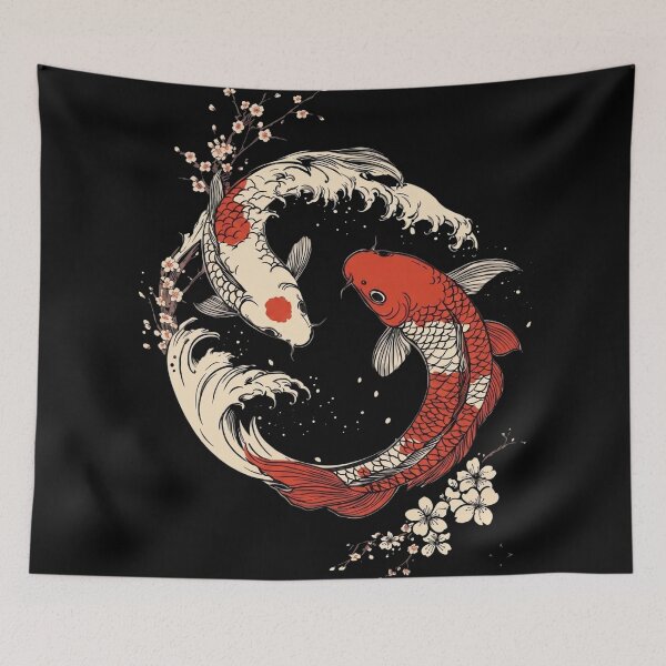 Item preview, Japanese Koi Fish Yin Yang and Cherry Blossoms Ukiyo-e Art designed and sold by Shopeon Designs.