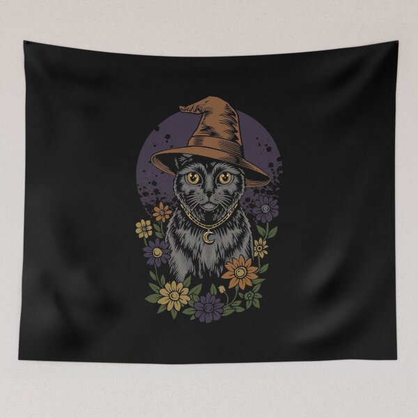 Item preview, Cute Black Witch Cat Vintage Halloween Floral T-Shirt Design designed and sold by phsycartwork.