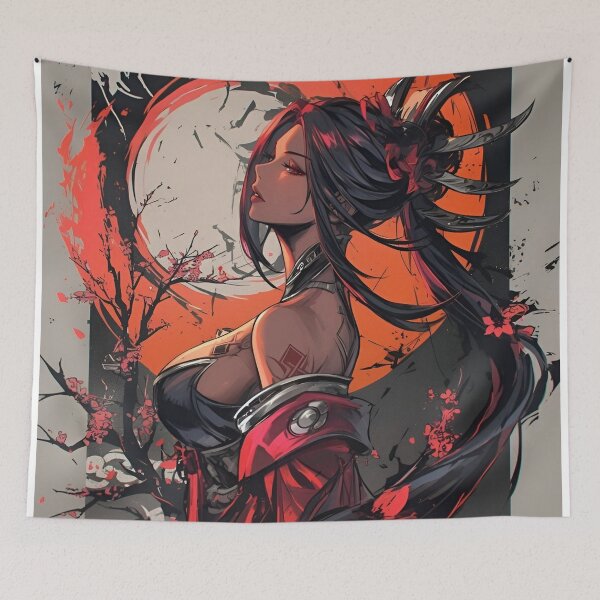 Item preview, Crimson Moon Oni Warrior Anime Art | Japanese Demon Girl Sakura Aesthetic | Dark Fantasy Samurai Illustration designed and sold by Dyan4.