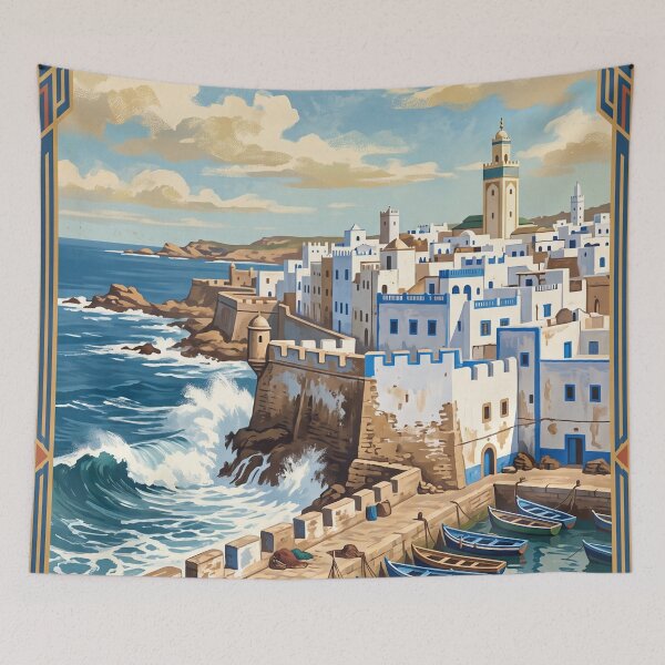 Item preview, Essaouira Morocco Vintage Travel Art – Medina Ramparts & Fishing Port designed and sold by Bomax121.