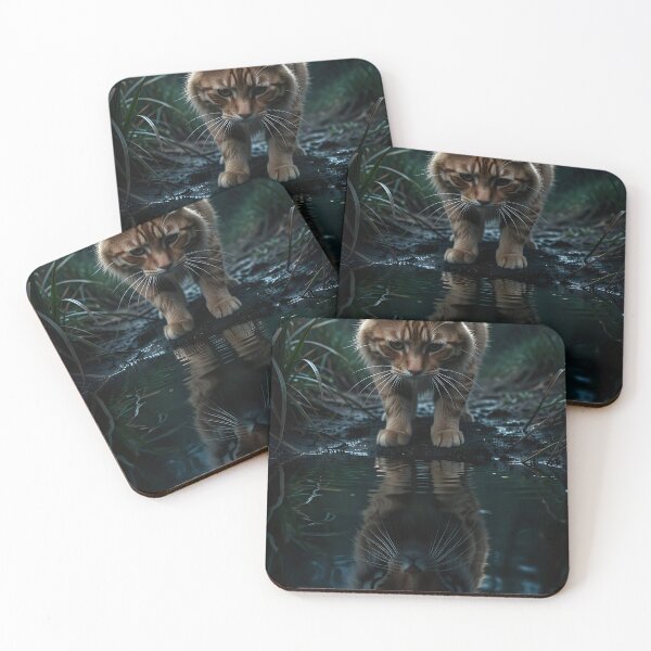 Item preview, Orange domestic cat looks at its reflection in the pond designed and sold by VoidVeilStudio.