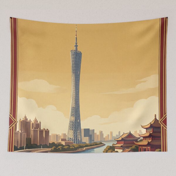 Aperçu de l'œuvre Art de voyage vintage de Guangzhou, Chine – Tour de Canton et rivière des Perles créée et vendue par Bomax121.
