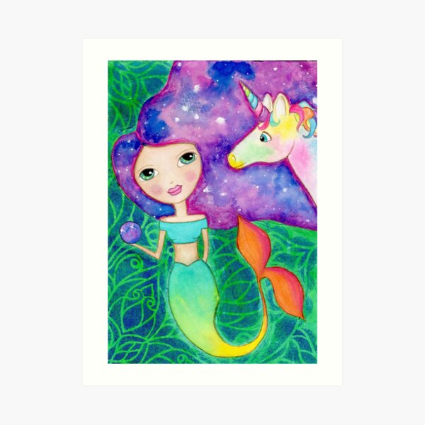 Mixed Media Cosmic Mermaid with Unicorn Art Print