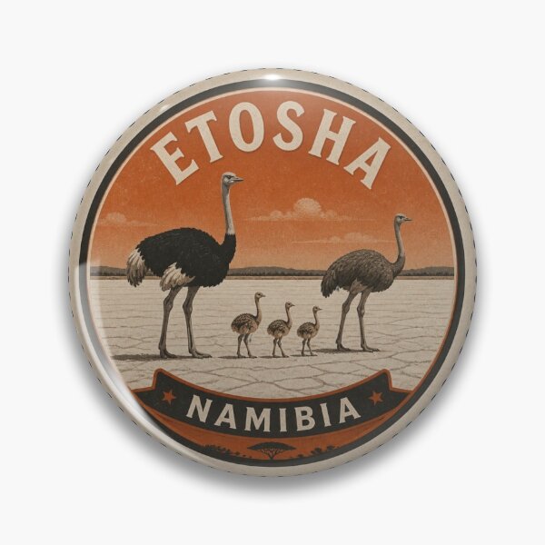 Item preview, Etosha Namibia Wildlife Travel Badge – Ostriches on the Salt Pan designed and sold by The Digital Compass.