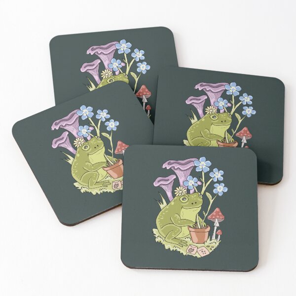 Item preview, Frog Gardener with Forget Me Not Flowers and Cottagecore Mushrooms  designed and sold by LeshanArt.