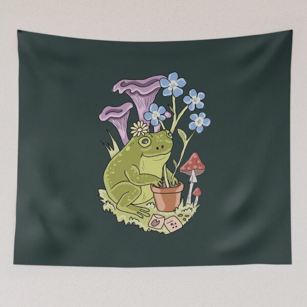 Item preview, Frog Gardener with Forget Me Not Flowers and Cottagecore Mushrooms  designed and sold by LeshanArt.