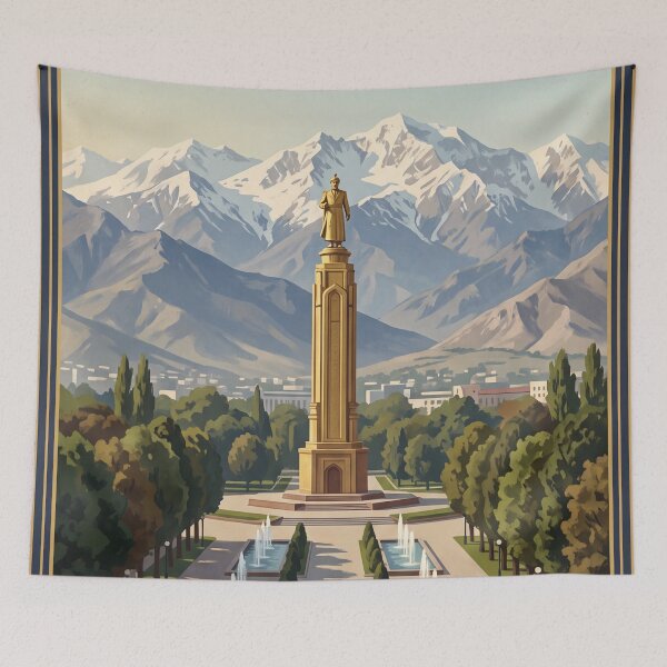 Item preview, Dushanbe Tajikistan Vintage Travel Art – Rudaki Monument & Hissar Mountains designed and sold by Bomax121.