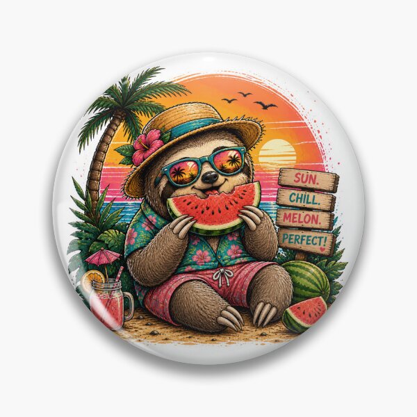 Artikelvorschau, Cute Summer Sloth Eating Watermelon – Tropical Beach Vibes | Funny Vacation Cartoon entworfen und verkauft von LittleGinnyArt.