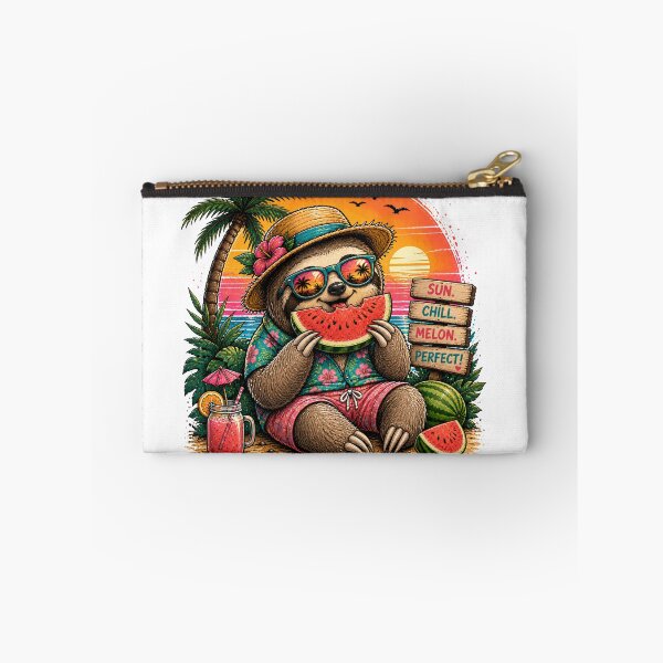 Artikelvorschau, Cute Summer Sloth Eating Watermelon – Tropical Beach Vibes | Funny Vacation Cartoon entworfen und verkauft von LittleGinnyArt.