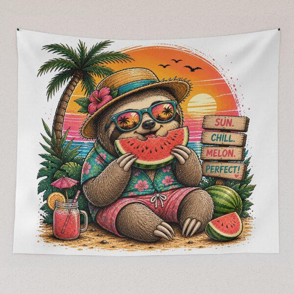 Item preview, Cute Summer Sloth Eating Watermelon – Tropical Beach Vibes | Funny Vacation Cartoon designed and sold by LittleGinnyArt.
