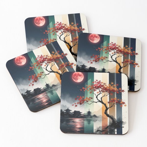 Item preview, Japanese Autumn Maple Tree Red Moon Pagoda Landscape Graphic designed and sold by PACS0011.