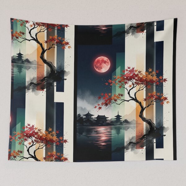 Item preview, Japanese Autumn Maple Tree Red Moon Pagoda Landscape Graphic designed and sold by PACS0011.