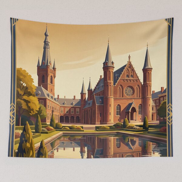 Item preview, The Hague Netherlands Vintage Travel Art – Peace Palace & Formal Gardens designed and sold by Bomax121.