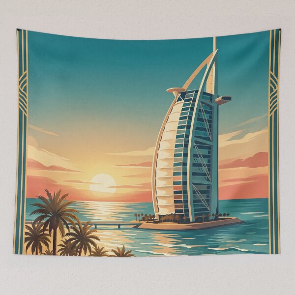 Item preview, Dubai UAE Vintage Travel Art – Sail-Shaped Hotel & Arabian Gulf Sunset designed and sold by Bomax121.